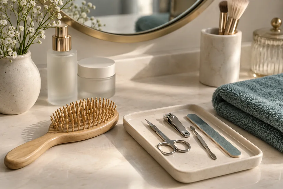 Grooming and manicure accessories on a softly lit vanity