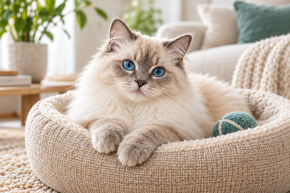 A blue-eyed cat relaxing in a soft bed beside a teal toy