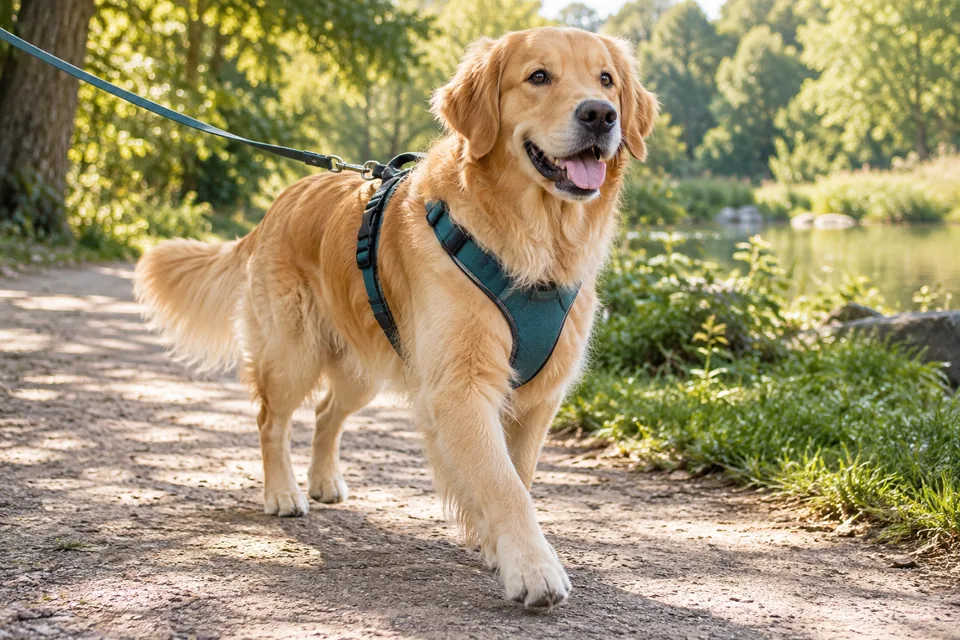 A golden retriever wearing a teal harness on a sunny park walk
