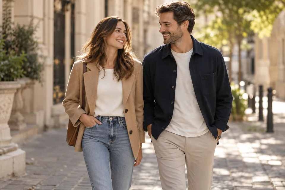A woman and man in relaxed contemporary outfits on a city street