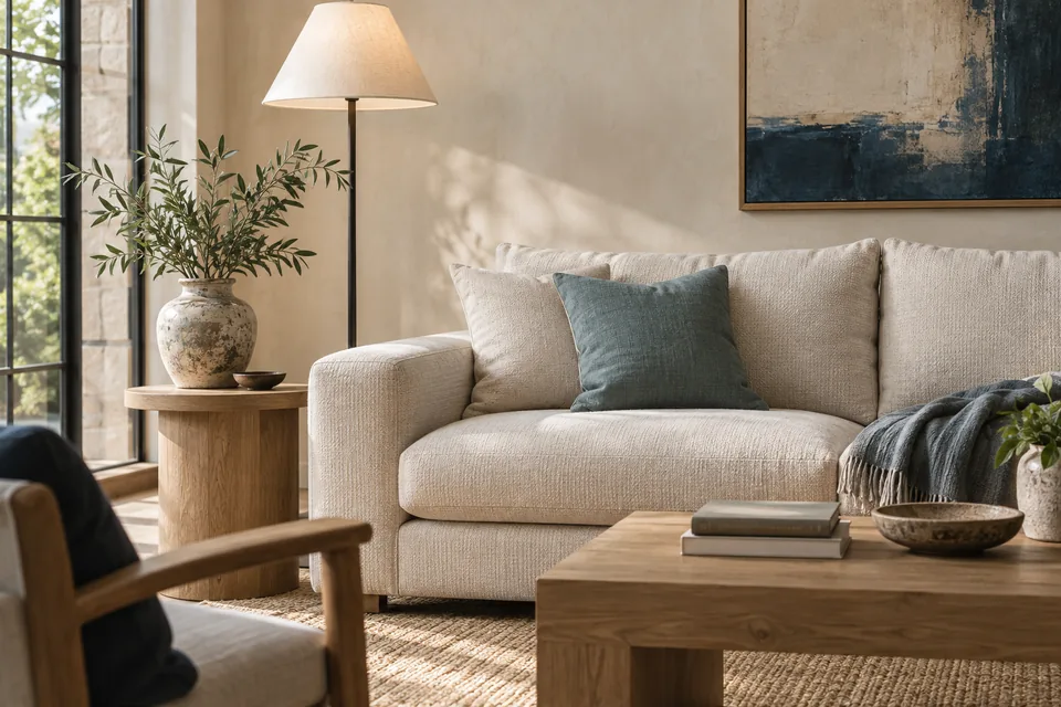 A light living room with a cozy sofa, teal cushion and warm wood