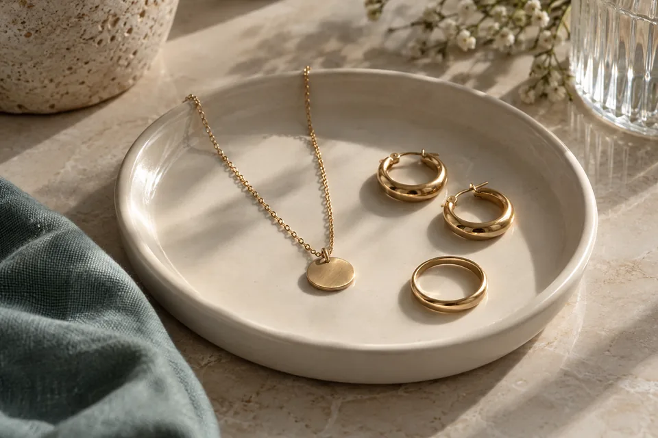 Gold-tone earrings, a necklace and a ring on an ivory tray