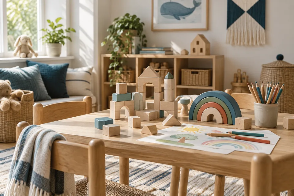 A sunlit play corner with wooden blocks and creative drawing tools