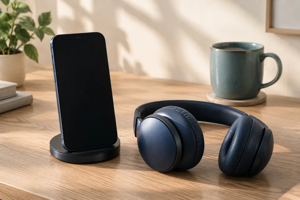 A smartphone charging stand and headphones on a tidy desk